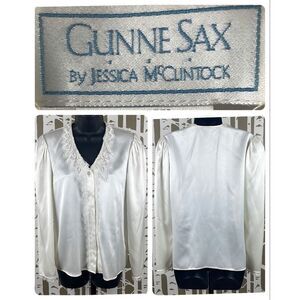 Gunne Sax 70s 80s Ivory Satin Lace Collar Puff Shoulder Blouse 5